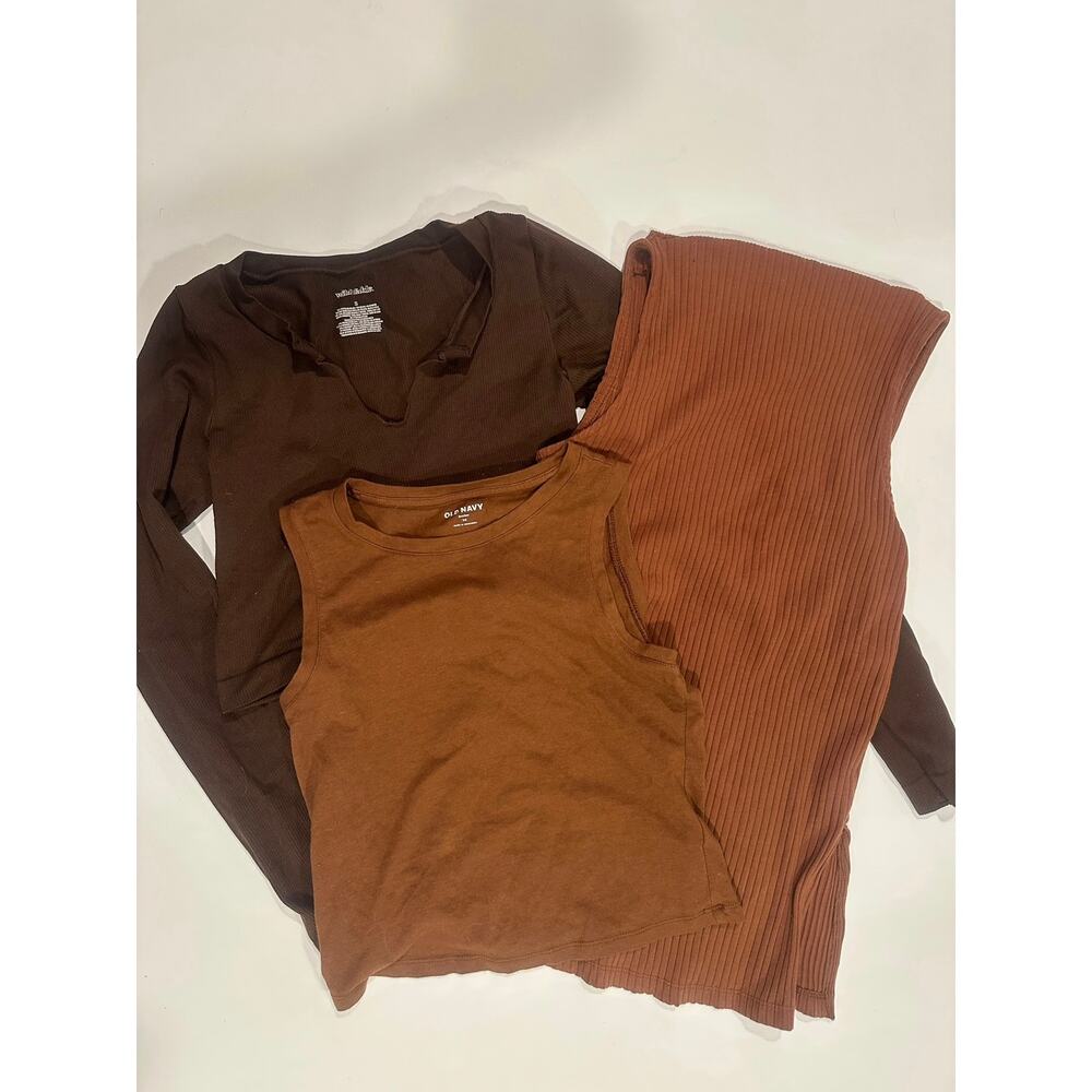 Curated Lot of 3 Brown Earth Tone Tops Old Navy Ribbed Knit Tank Long Sleeve XS